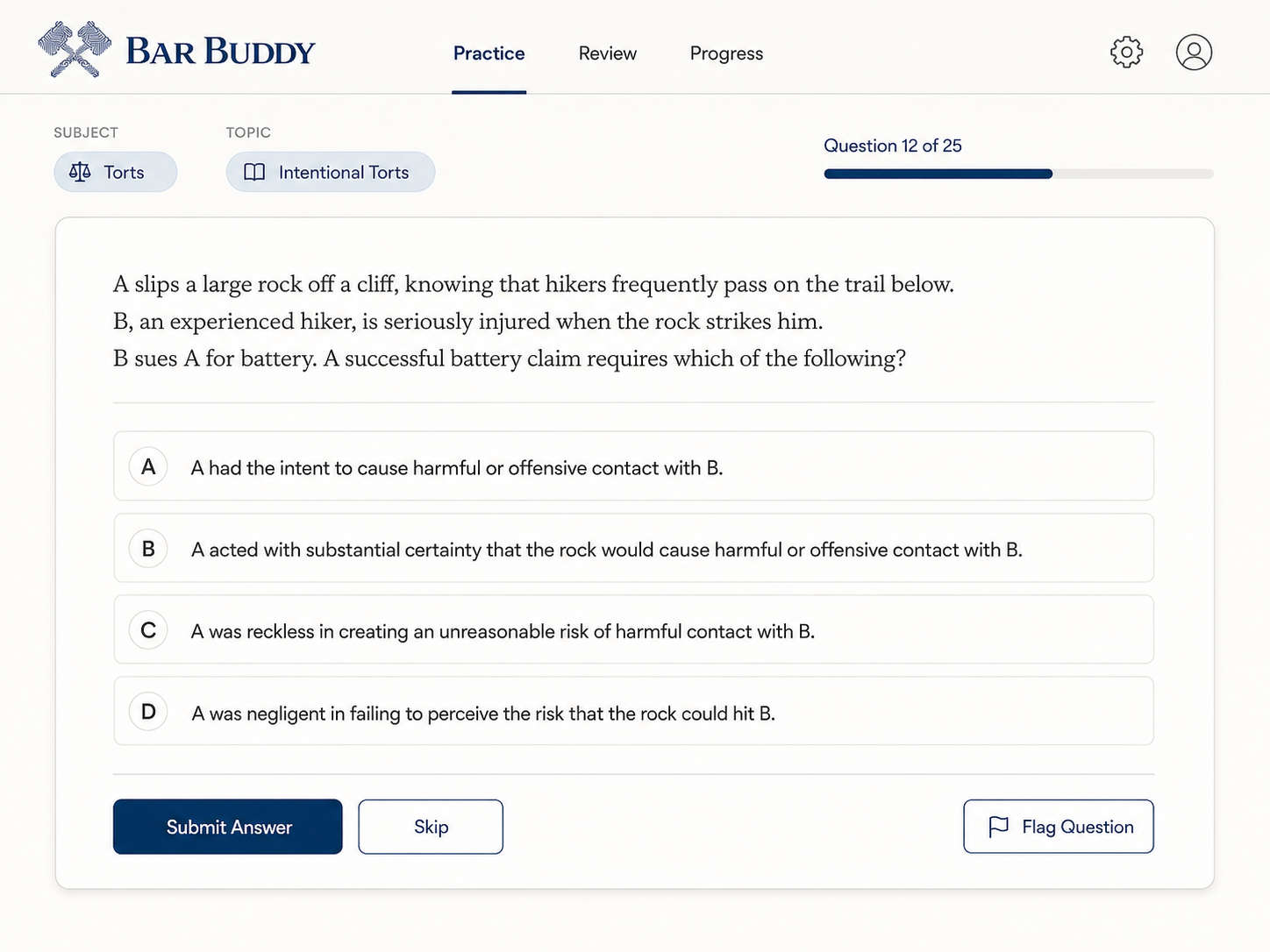 Bar Buddy app mockup showing an unanswered multiple-choice question