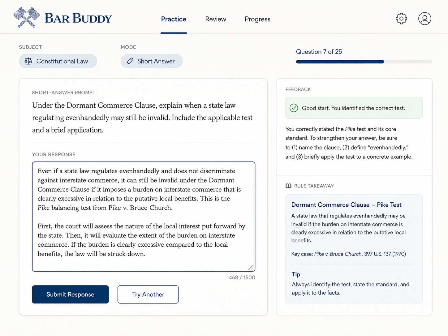 Bar Buddy app mockup showing a short-answer prompt, a written response, and its feedback panel